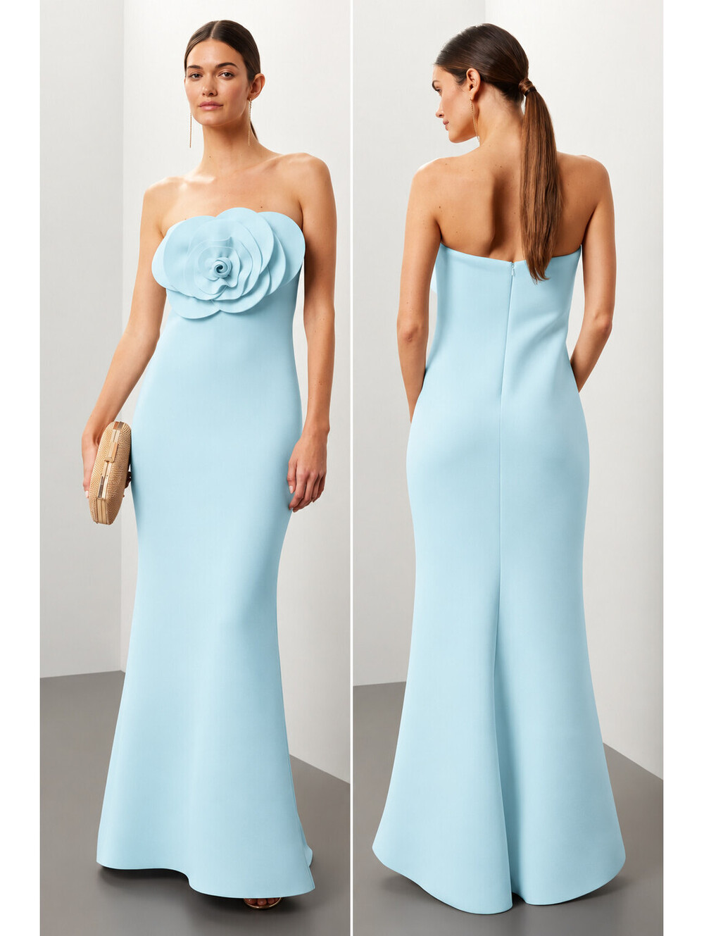 Badgley Mischka Rosette Scuba Strapless Gown Blue 3D Floral Runway sz 4 Formal